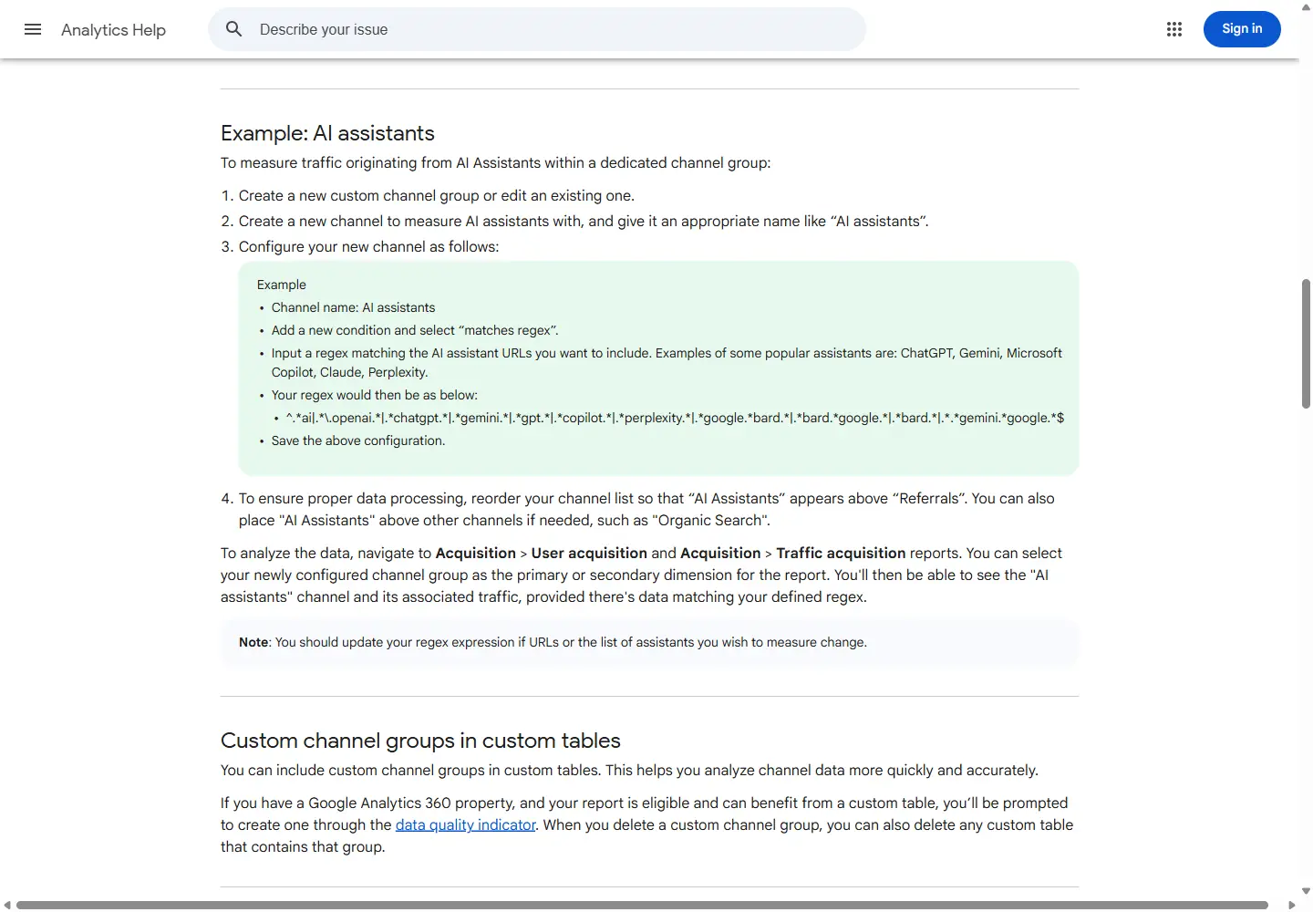 Procédure officielle Google Analytics pour créer un canal AI assistants