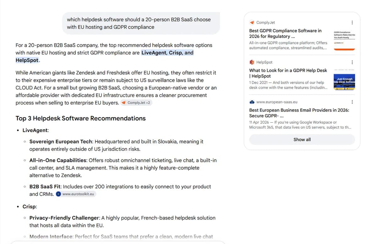 Google AI Mode answer to a helpdesk software buying prompt with the sources panel visible