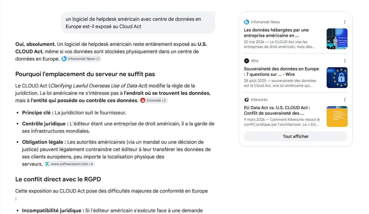 Réponse de Google AI Mode à une sous-question sur le Cloud Act, avec un jeu de sources différent