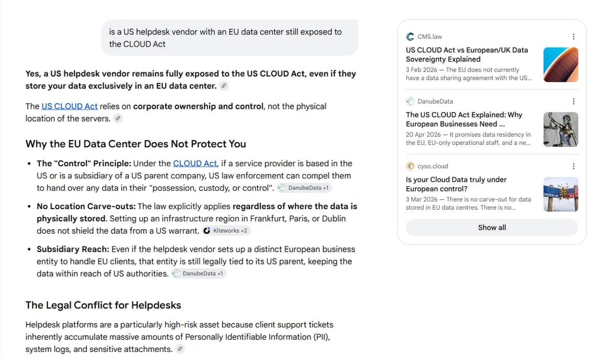 Google AI Mode answering a narrow CLOUD Act subquery with a different set of cited sources