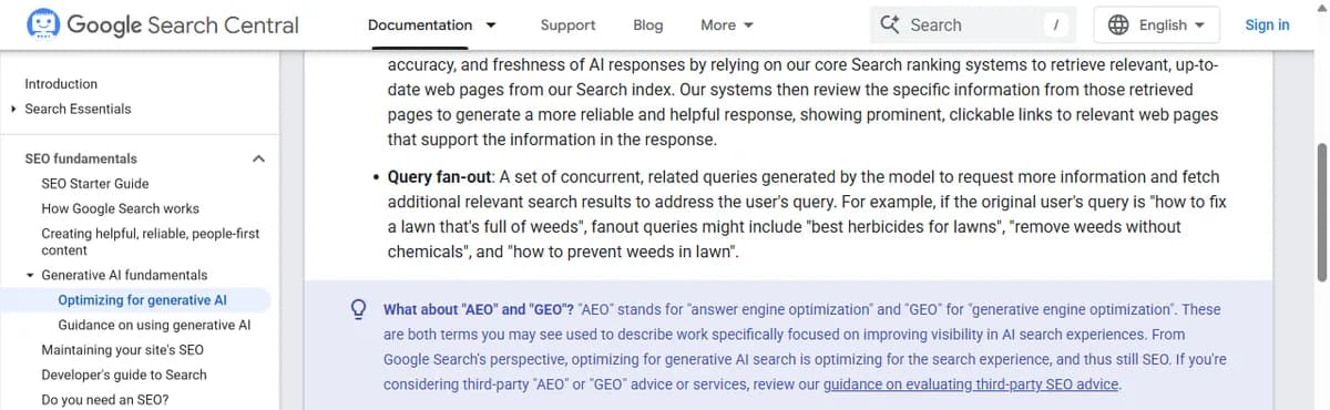 Google Search Central documentation defining query fan-out with an example of fanout queries