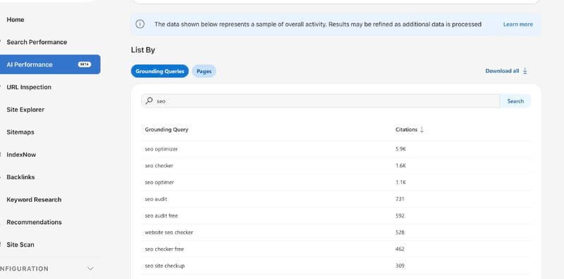 View of grounded queries in the Bing Webmaster Tools AI Performance report, showing AI-rephrased queries