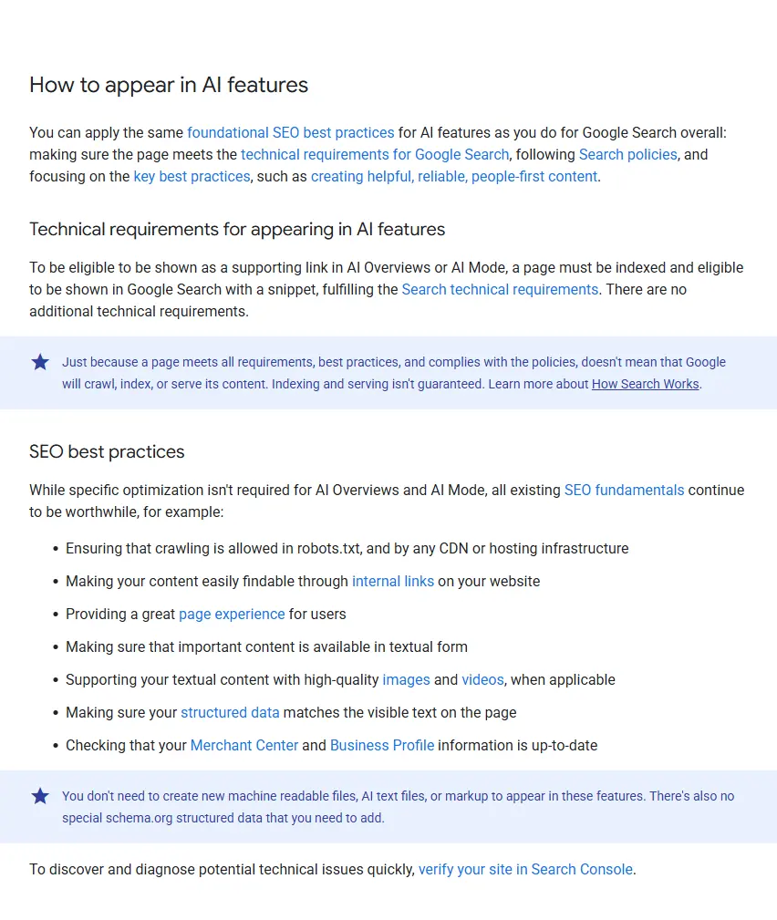 Documentation Google listant les exigences techniques et les bonnes pratiques SEO pour les fonctionnalités IA