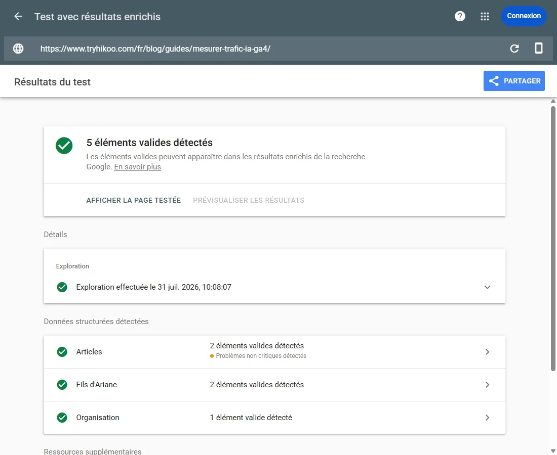 Test des résultats enrichis de Google affichant les éléments valides détectés sur une page