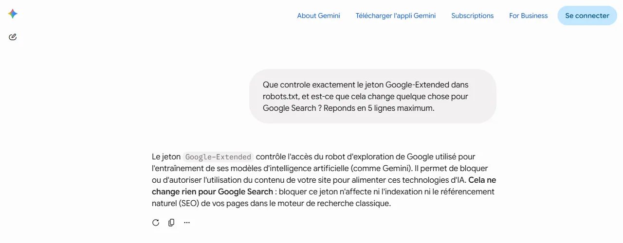 Réponse de l'application Gemini sur Google-Extended affichée sans cartes de sources