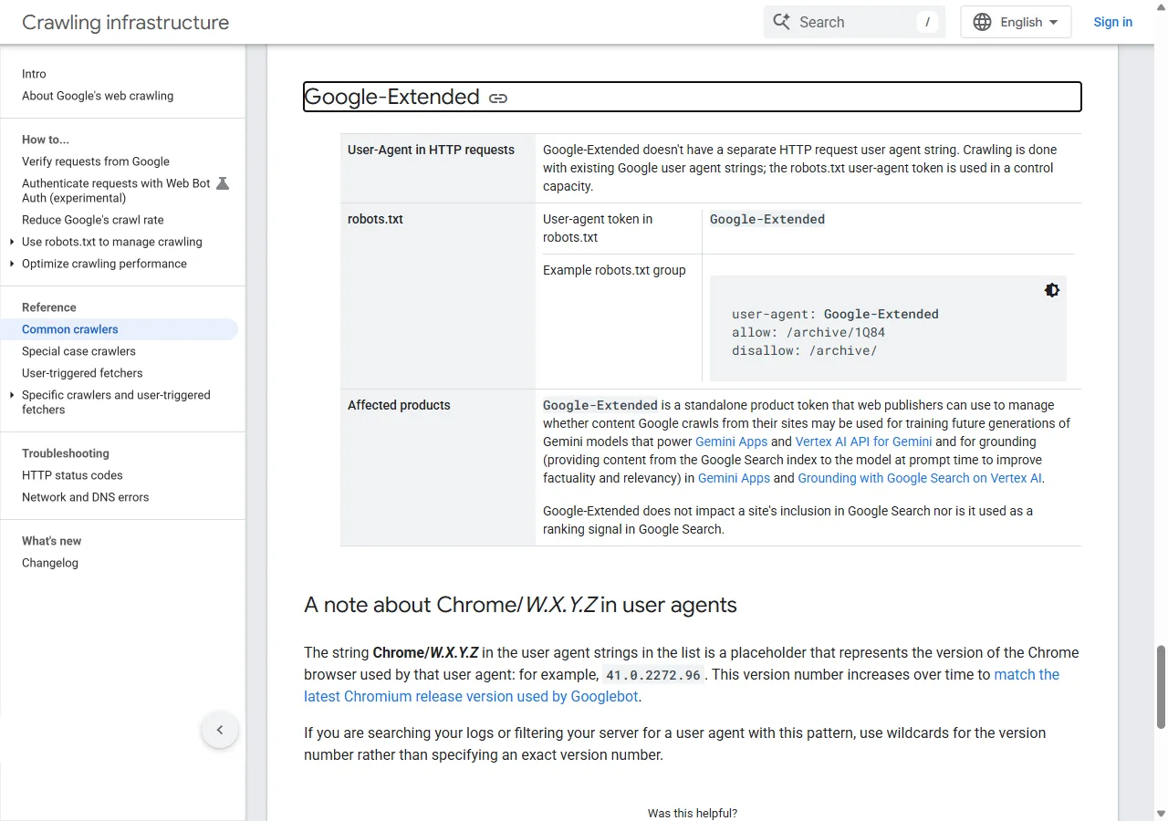 Documentation Google décrivant le jeton Google-Extended et son absence de user-agent dédié