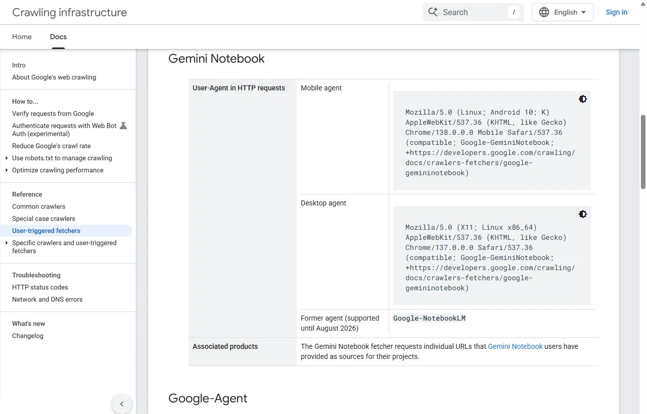 Documentation Google du fetcher Gemini Notebook avec ses chaînes user-agent