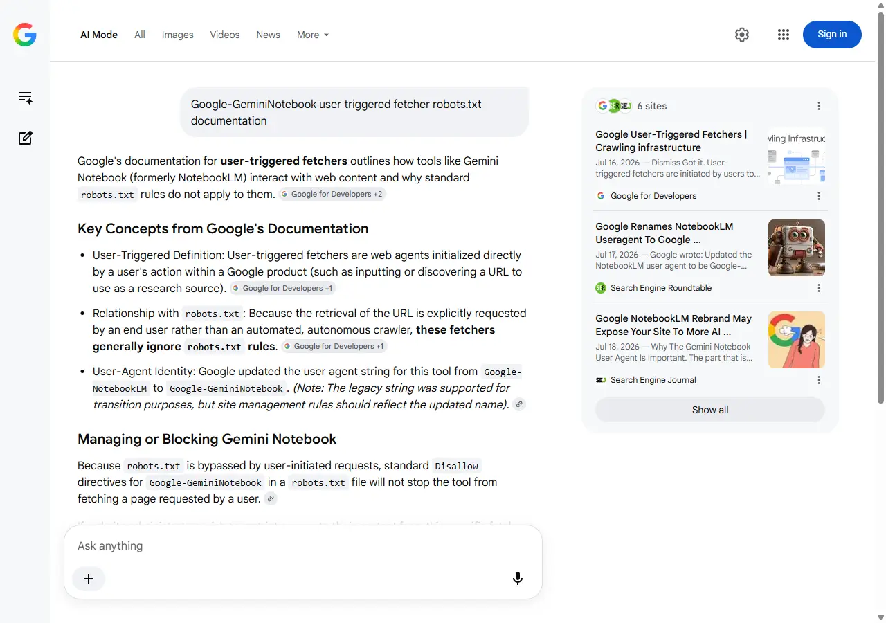 Réponse AI Mode de Google Search affichant un panneau de sources avec six sites cités