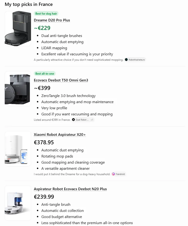 ChatGPT answer recommending four robot vacuums with prices for a home with a dog