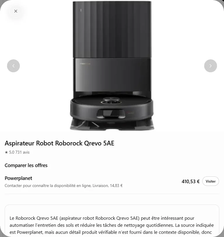 Fiche produit ChatGPT du Roborock Qrevo 5AE avec une seule offre Powerplanet à 410,53 euros