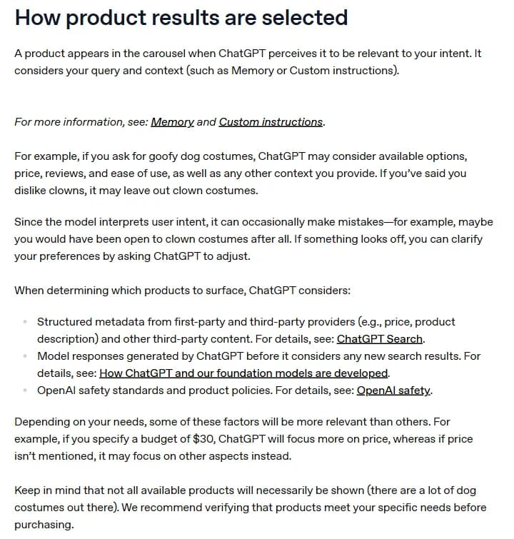 OpenAI help center explaining how ChatGPT selects the products it shows