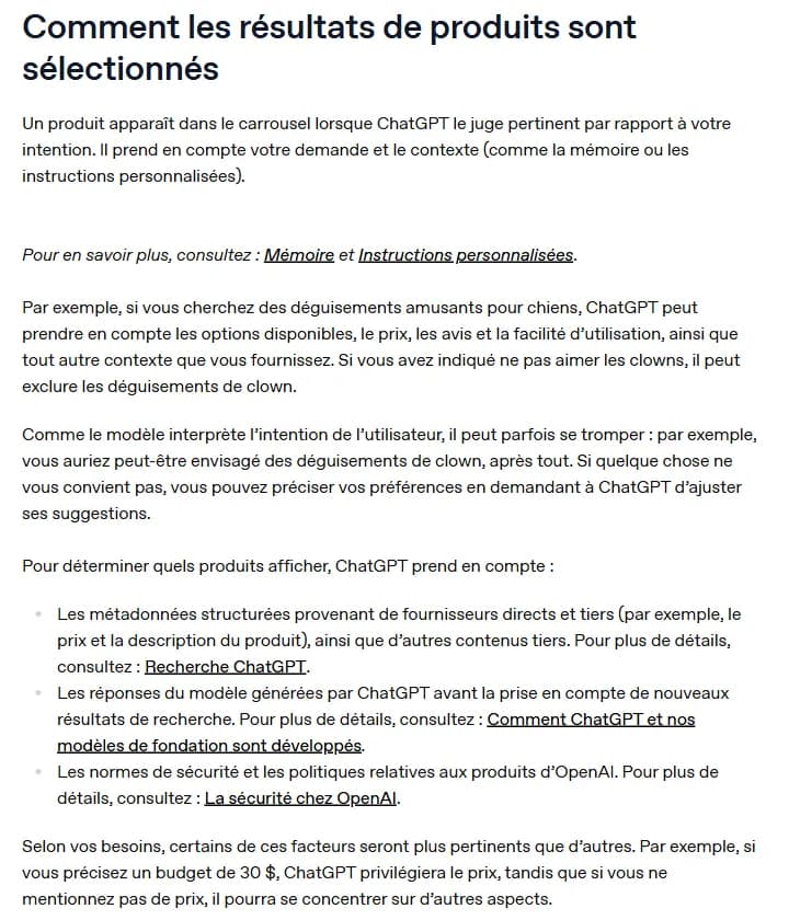 Centre d'aide OpenAI expliquant comment ChatGPT sélectionne les produits qu'il affiche
