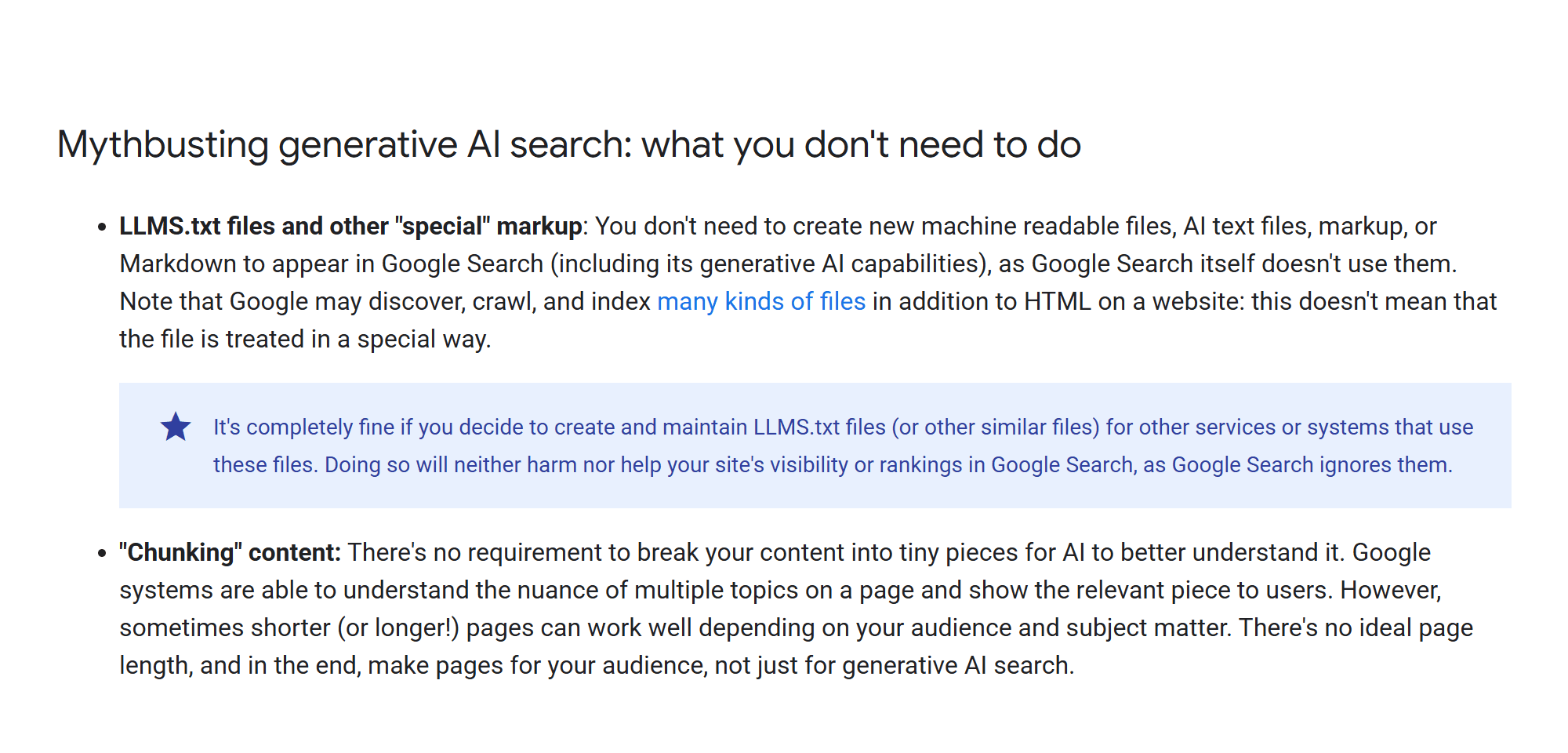 Extrait du guide officiel Google sur l'optimisation pour l'IA générative, indiquant que les fichiers llms.txt sont ignorés par Google Search et que le découpage du contenu n'est pas requis