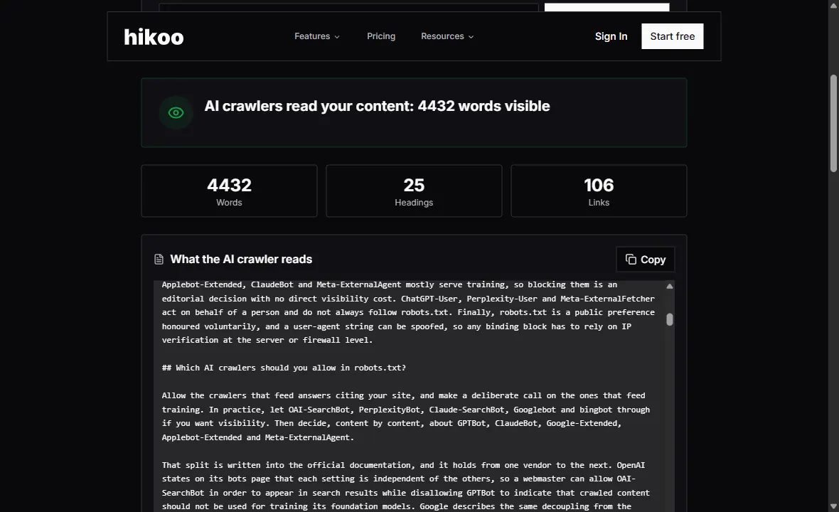 Hikoo AI crawler simulator showing readable word count and the raw text received
