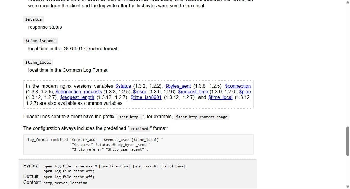Documentation nginx montrant le format de log combined et la variable request_time