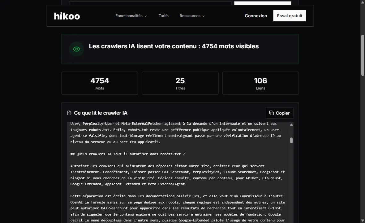 Simulateur de crawler IA Hikoo affichant le nombre de mots lisibles et le texte brut reçu