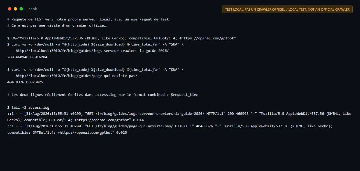 Transcription d'un test local, requêtes curl avec user-agent de test et lignes de log produites