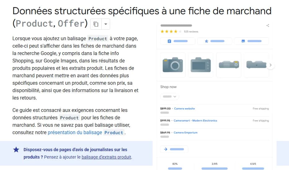Documentation Google Search Central sur les données structurées des fiches de marchand Product et Offer