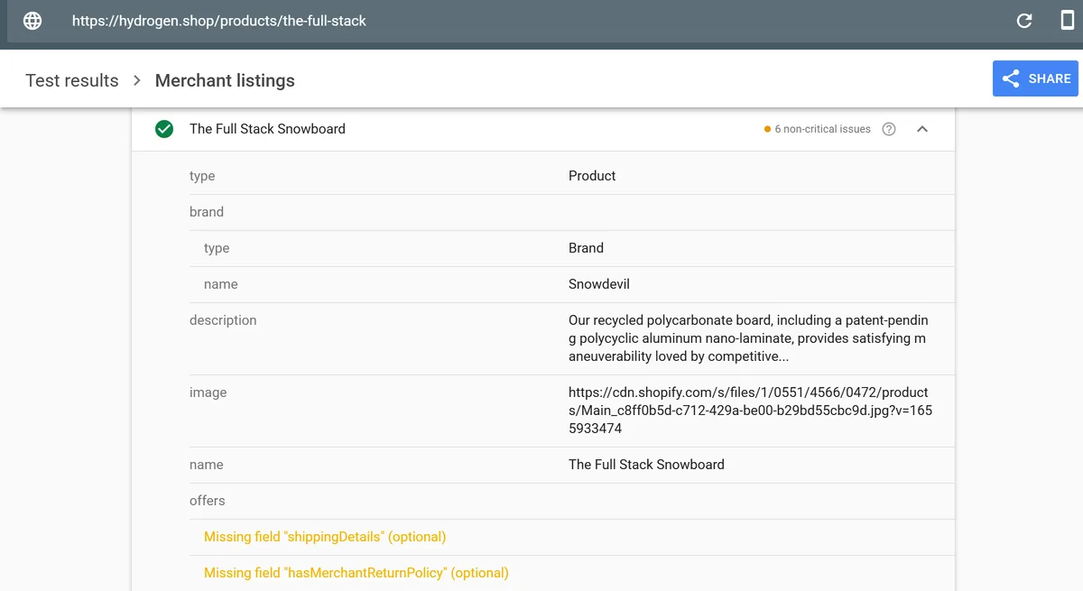 Merchant listing detail from the test, shippingDetails and hasMerchantReturnPolicy flagged as missing