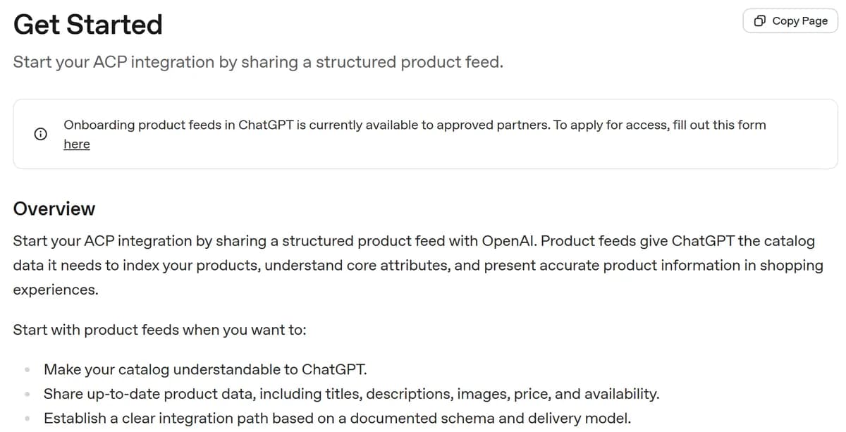 OpenAI Commerce documentation stating that ChatGPT product feed onboarding is open to approved partners