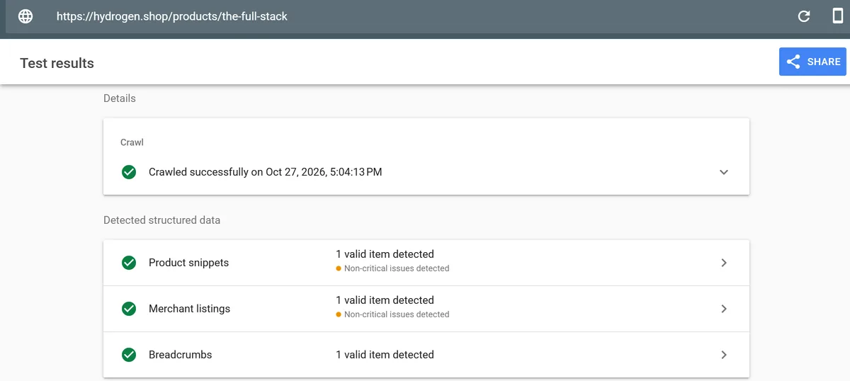 Google Rich Results Test on a hydrogen.shop product page, three valid items detected