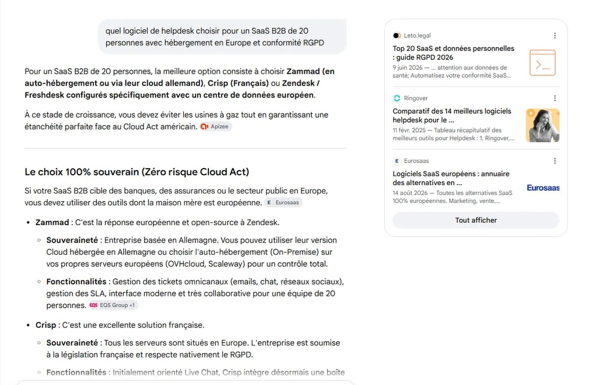 Réponse de Google AI Mode à un prompt d'achat de logiciel de helpdesk, avec le panneau des sources