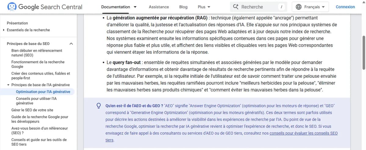 Documentation Google Search Central définissant le query fan-out et son exemple de requêtes ramifiées