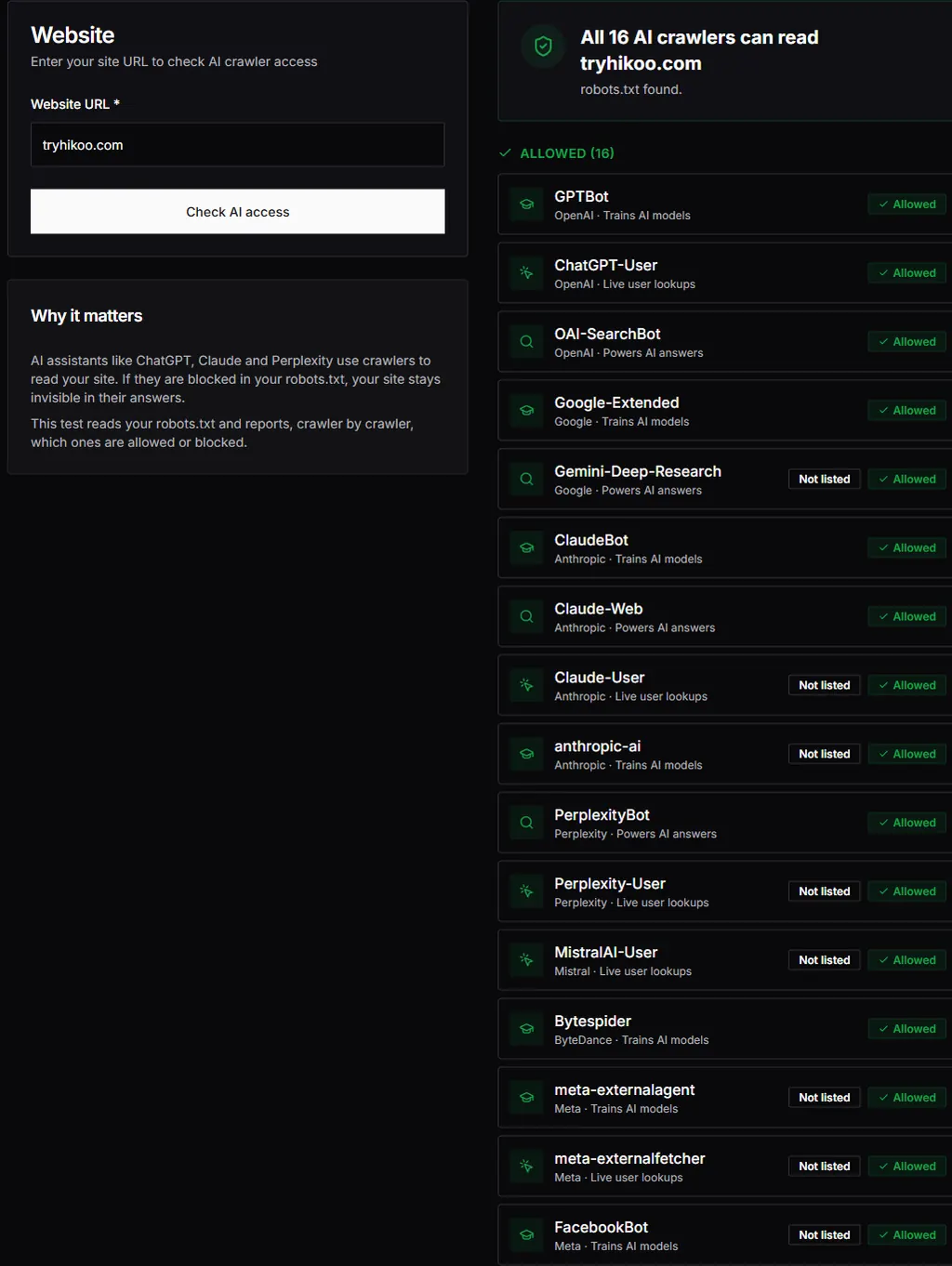 Hikoo AI crawler checker result for tryhikoo.com, showing the status of each robot