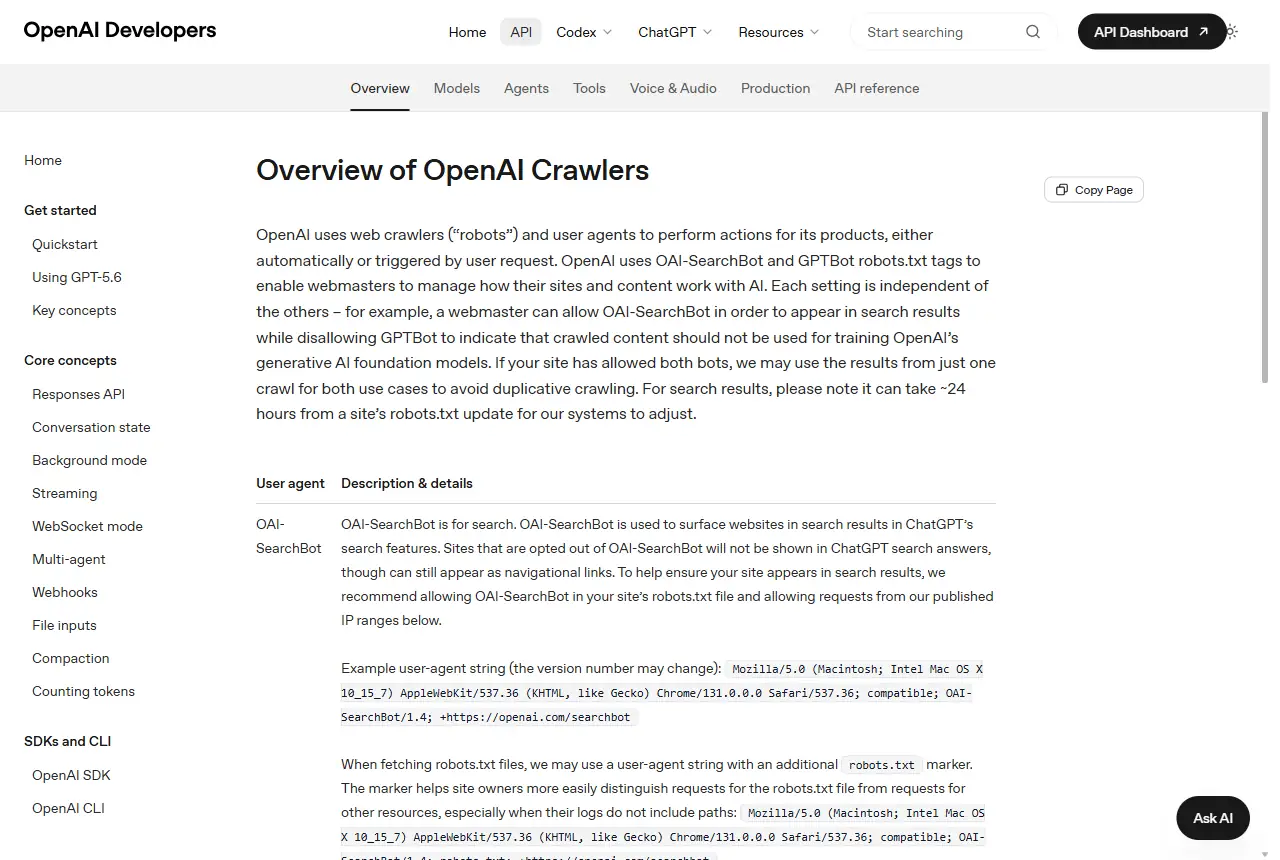 Official OpenAI documentation listing OAI-SearchBot, GPTBot, ChatGPT-User and OAI-AdsBot